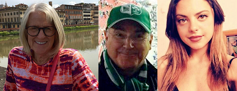 Darlene Horton (left) died in the attack, Bernard Hepplewhite (center) was hospitalized for several days with severe abdominal wounds, and Yovel Lewkowski (right) was stabbed but survived.